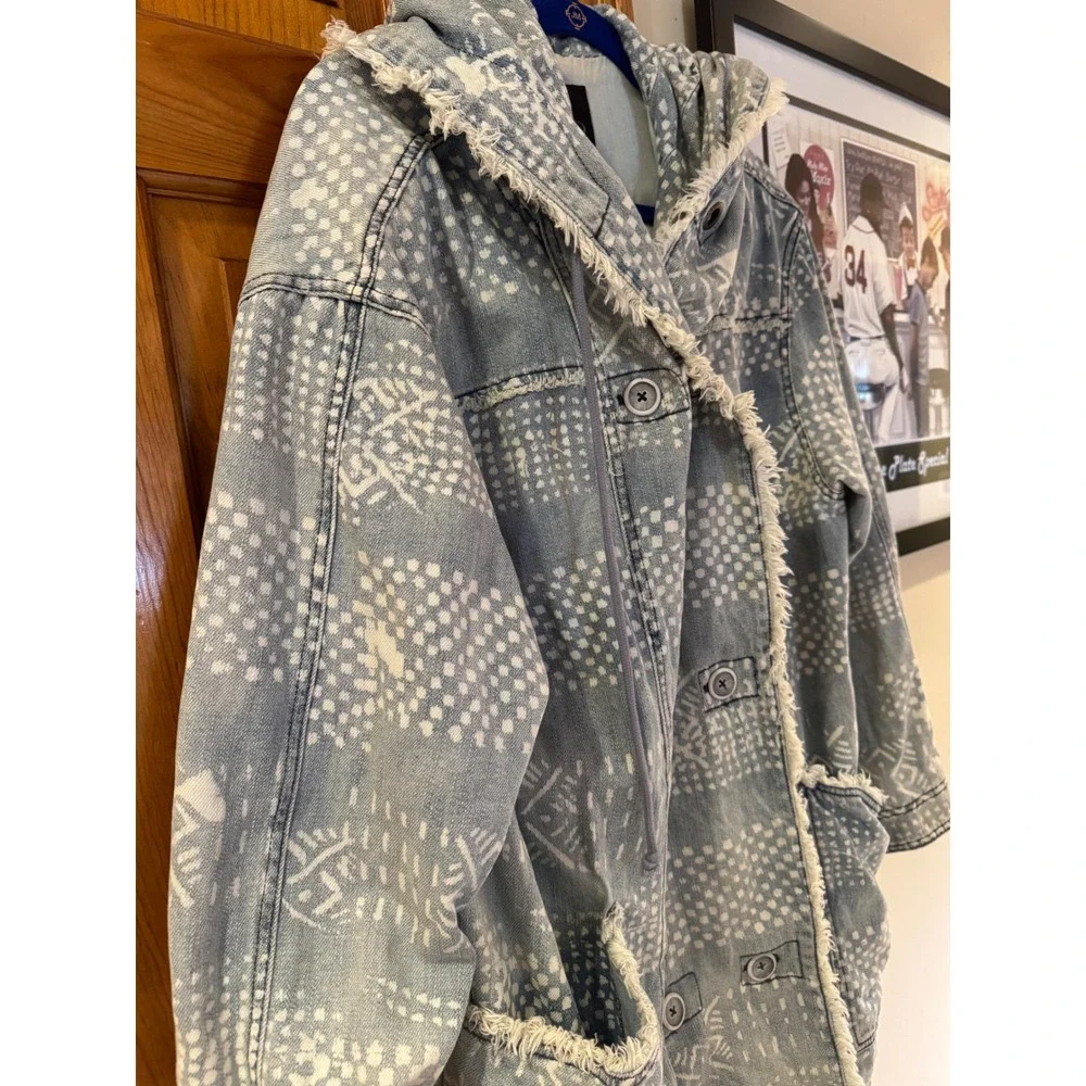 Free People Hooded Denim Jacket Boho Raw Edge Utility Coat L - Picture 6 of 10